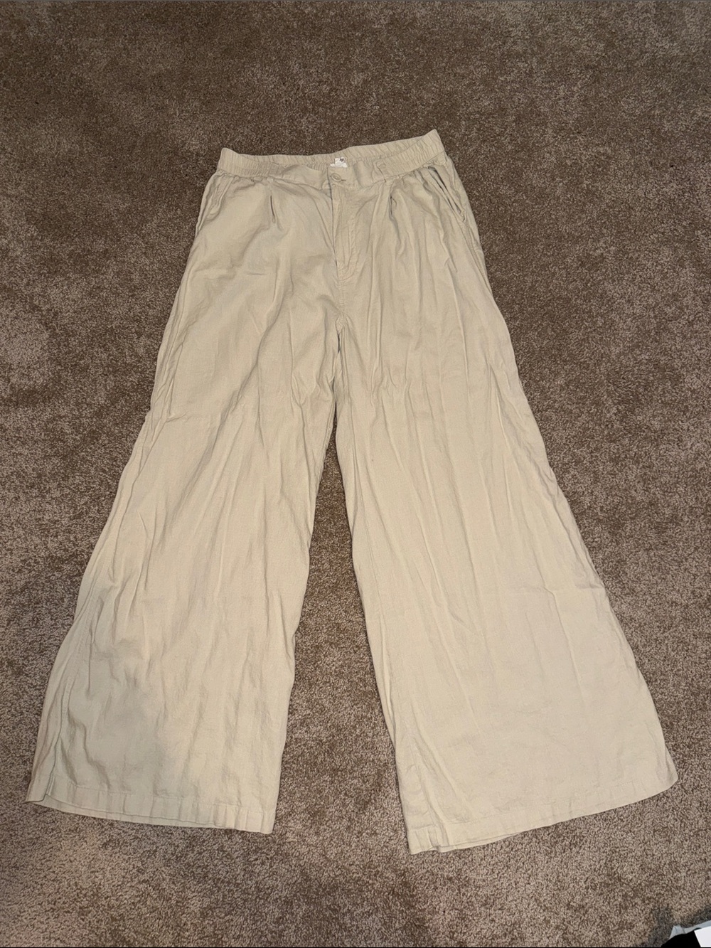 aerie Cream Wide-Leg Linen Blend Pants - medium